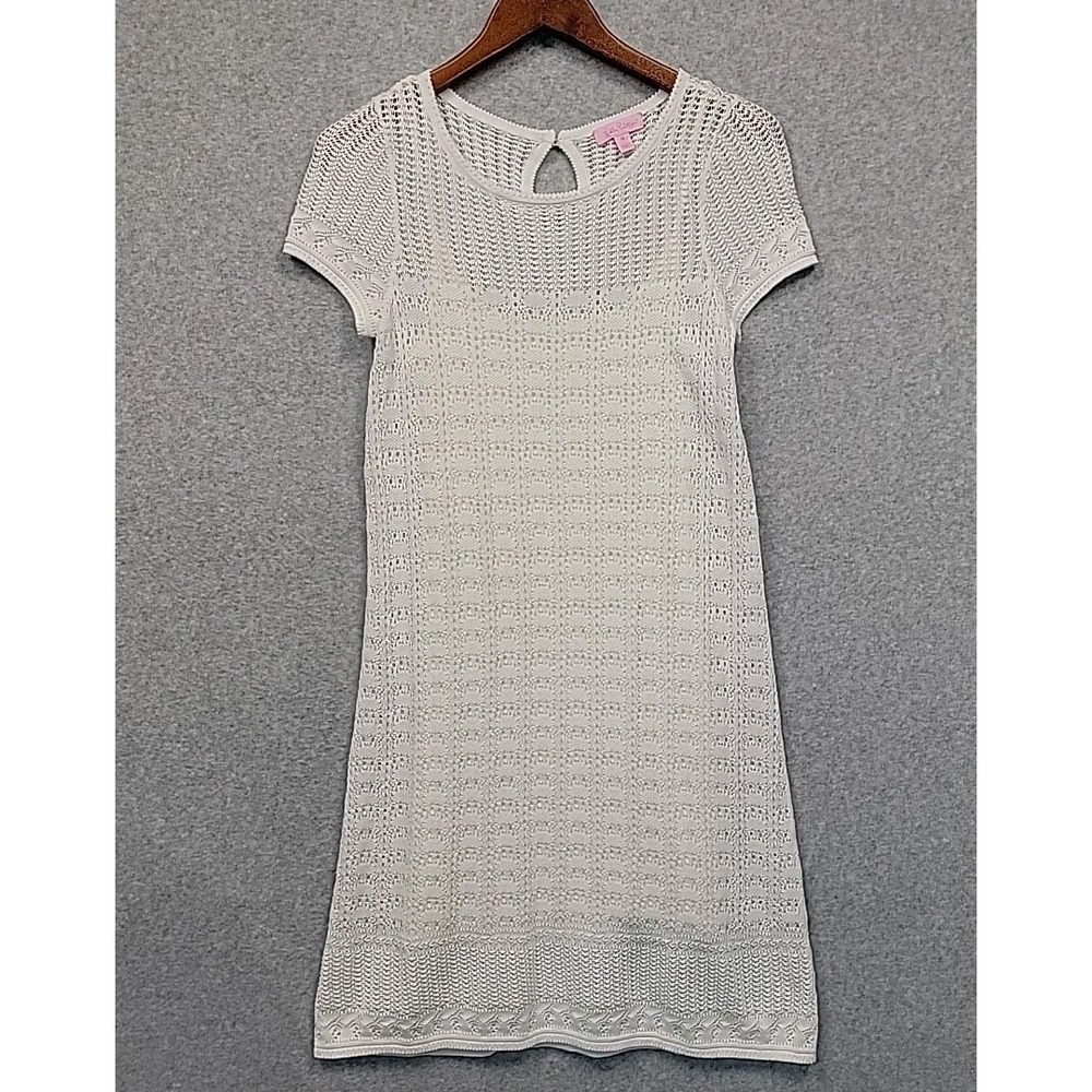 LILLY PULITZER White Crochet Pointelle Knit Dress M Cap Short Sleeve Slip Lined